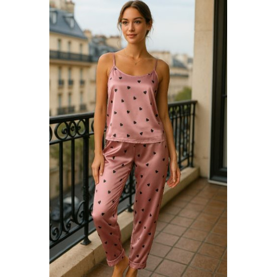 Roza pižama s srčki Bliss – Mehka in elegantna ženska pižama