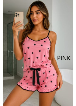 Roza pižama s srčki Bliss Short – Mehka in elegantna ženska pižama